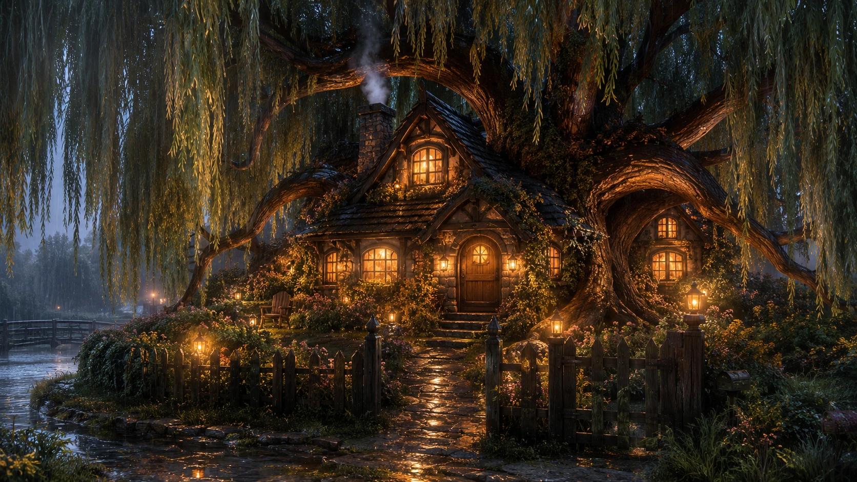A cozy cottage sheltered beneath the spreading arms of a willow tree
