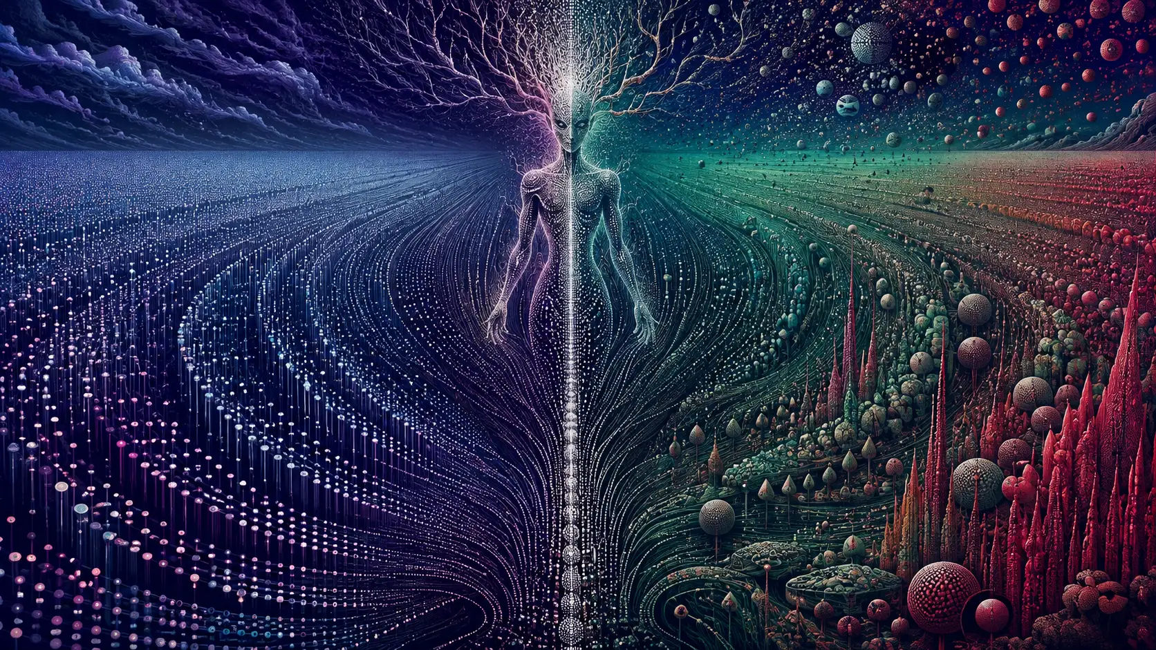 A surreal creature divides a vast landscape of luminous forms