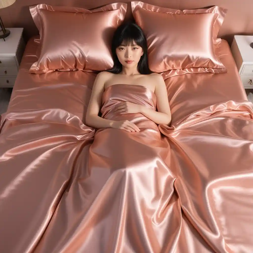 Japanese Woman Lying on Glossy Satin King Bed Sheets