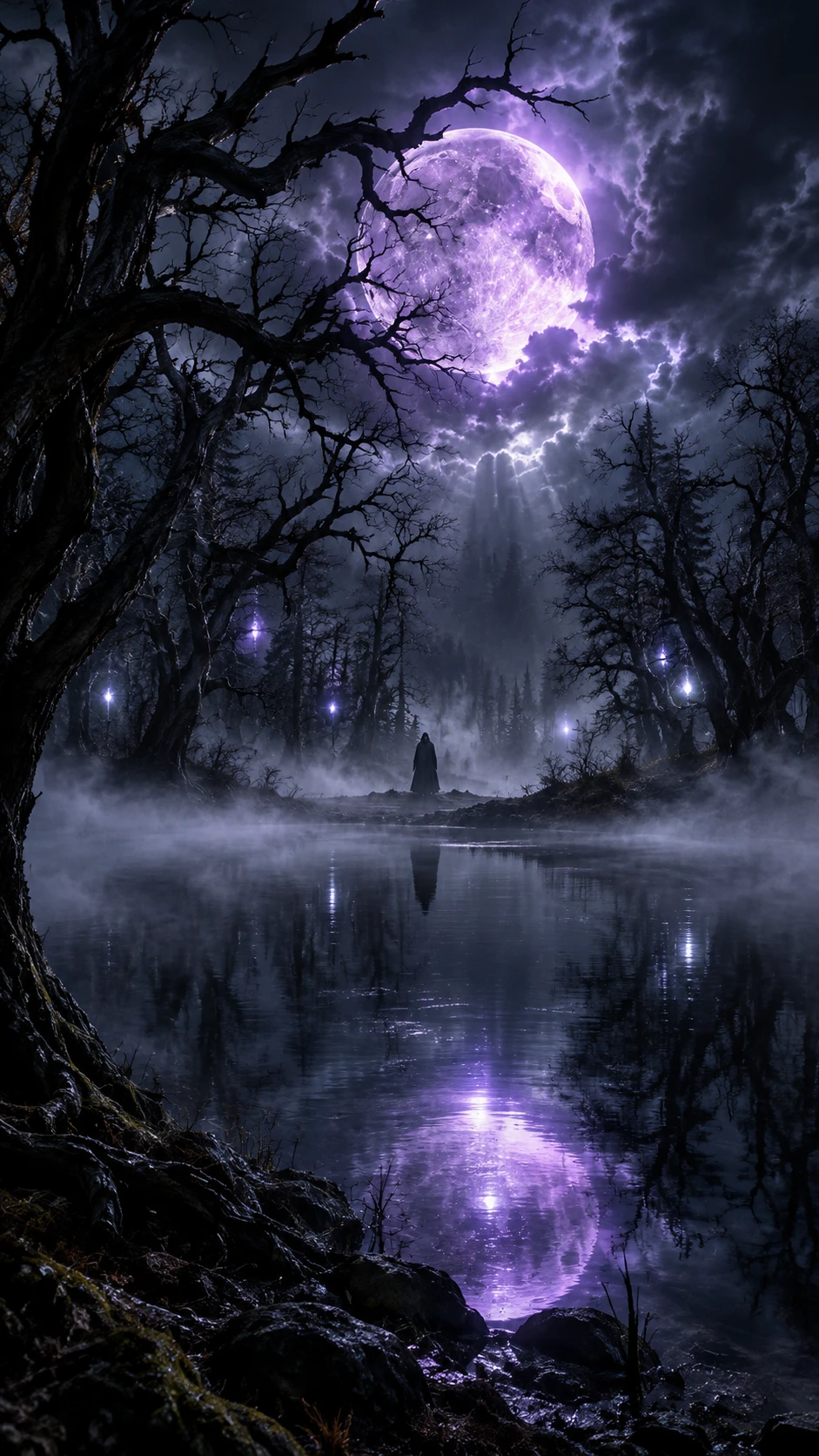 A glowing violet moon hangs over a misty forest lake