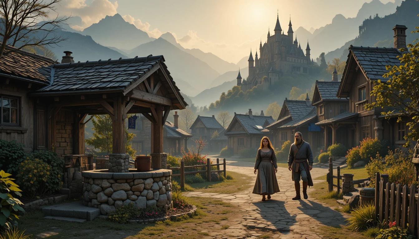 Medieval villagers walk a dirt path through a quaint village