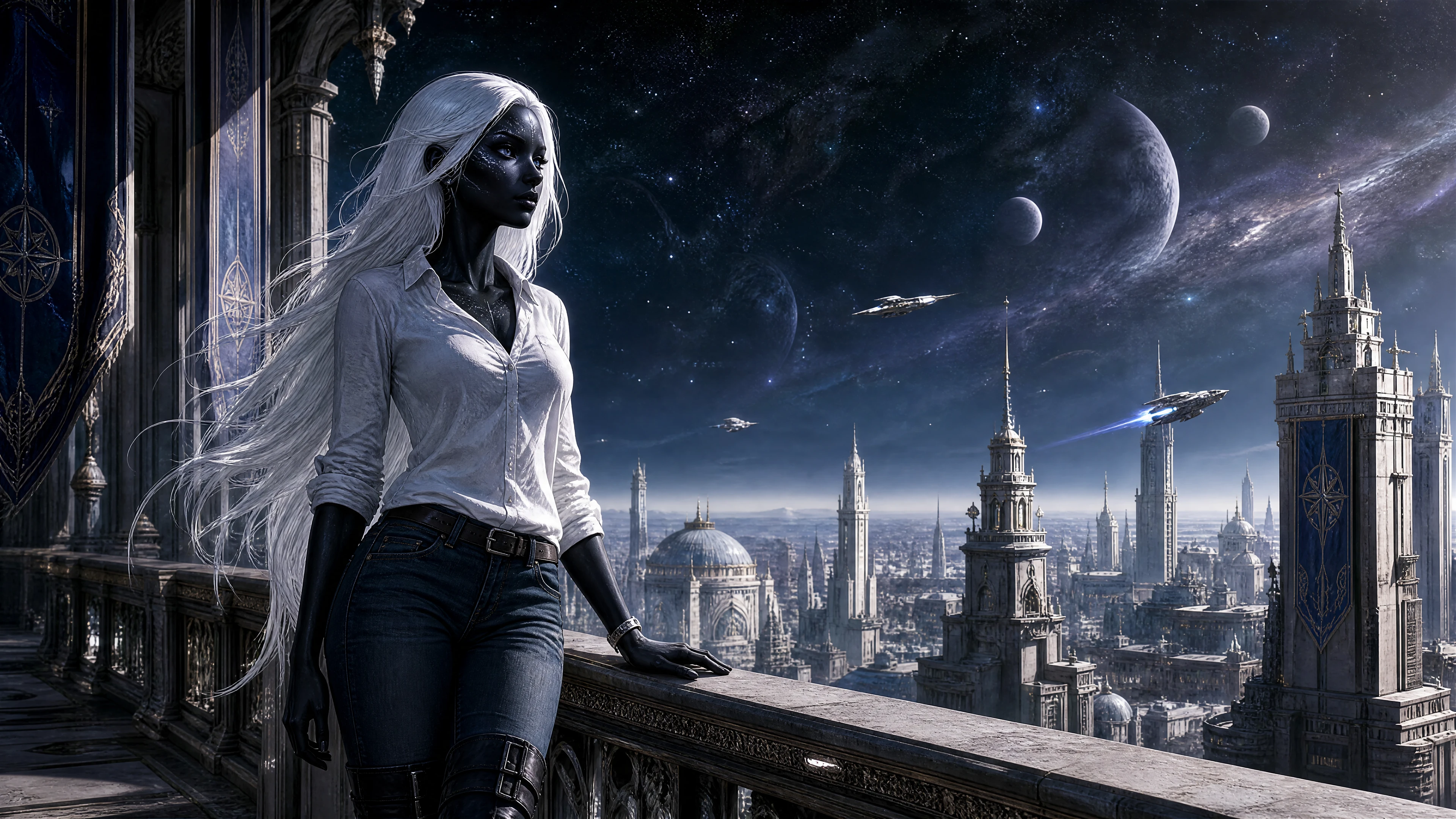 A female alien with white hair, void eyes, and obsidian skin