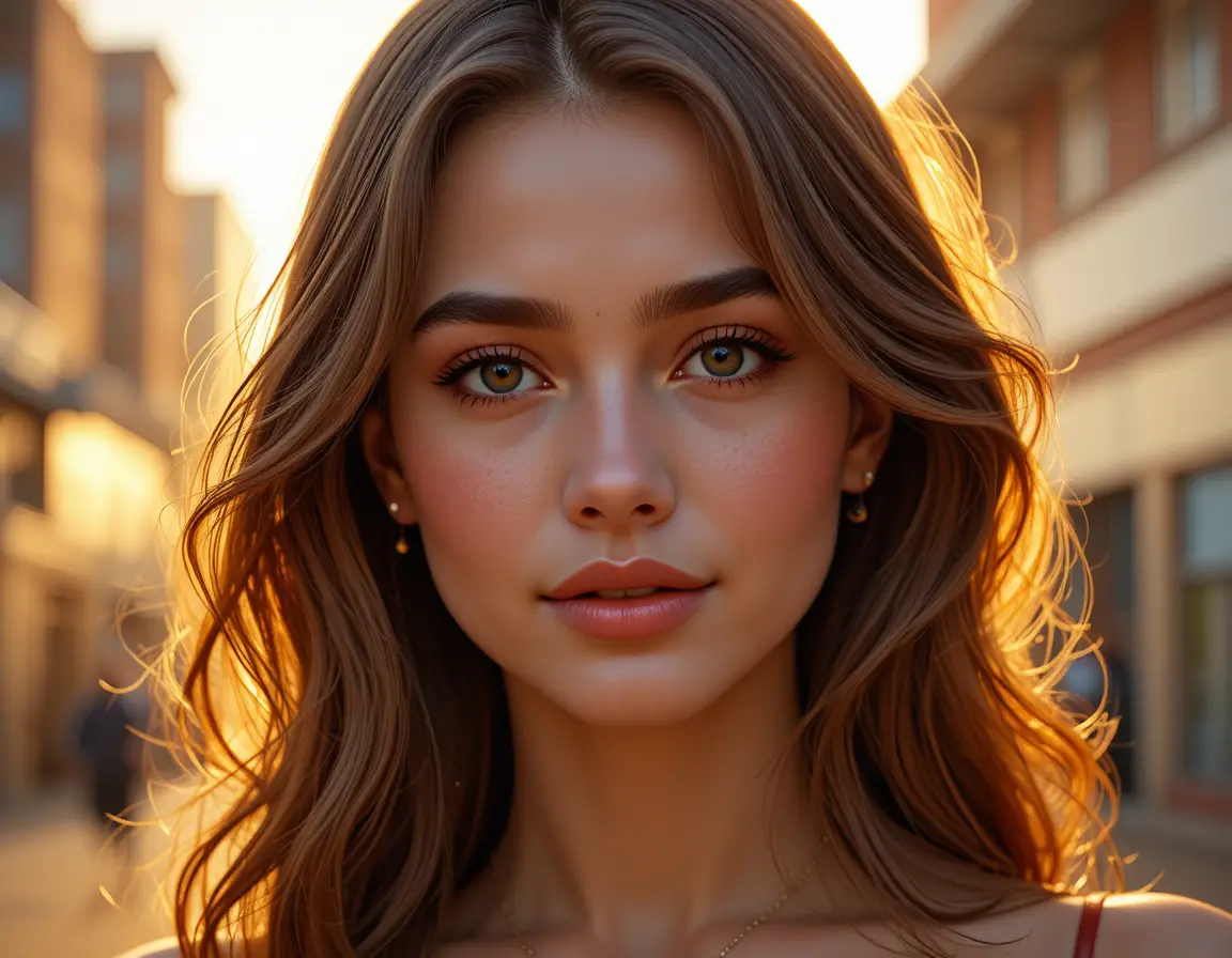 Young woman portrait with green eyes in warm golden hour light