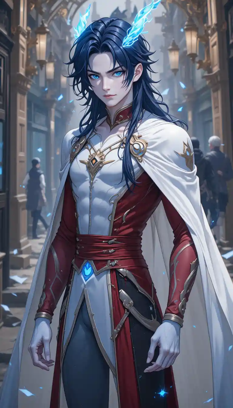 An animated fantasy man with glowing blue horns and eyes