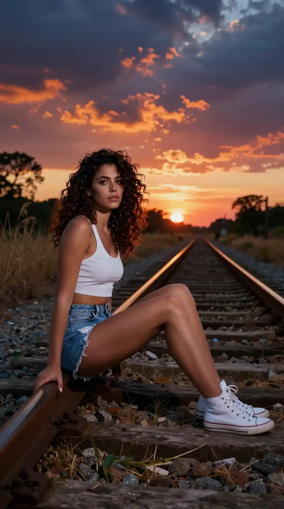 A Woman Sits on an Abandoned Railway Beneath Fiery Sunset Clouds