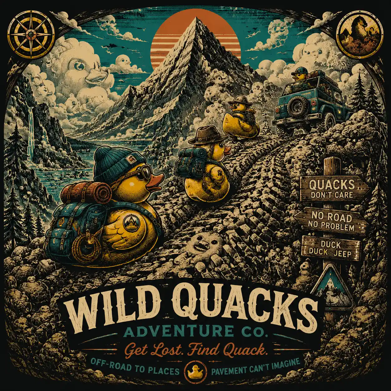 Rubber Ducks in Expedition Gear Climb Tire Tread Mountain Trails