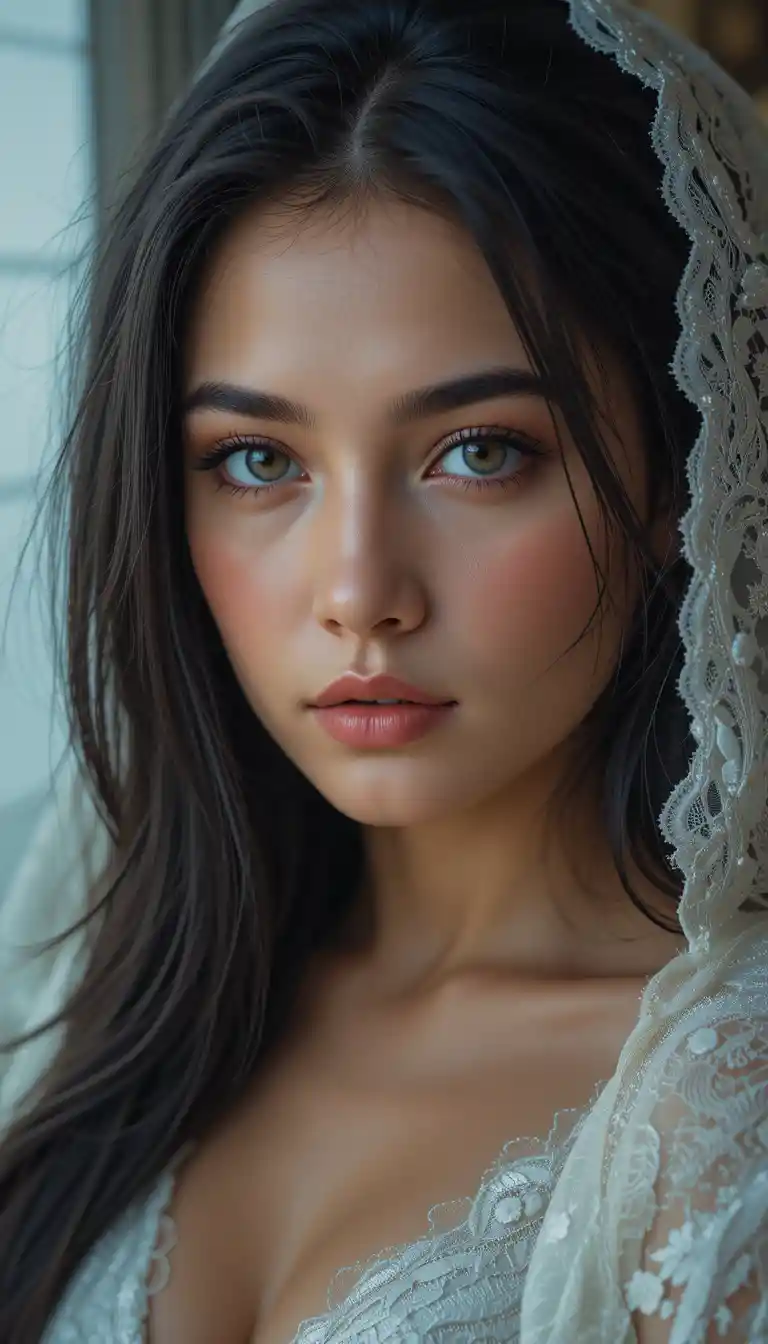 A photorealistic woman with brown skin, green eyes, and long black hair