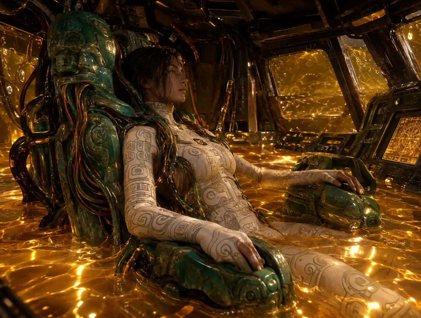 A white suited silhouette in a flooded mechanical cockpit