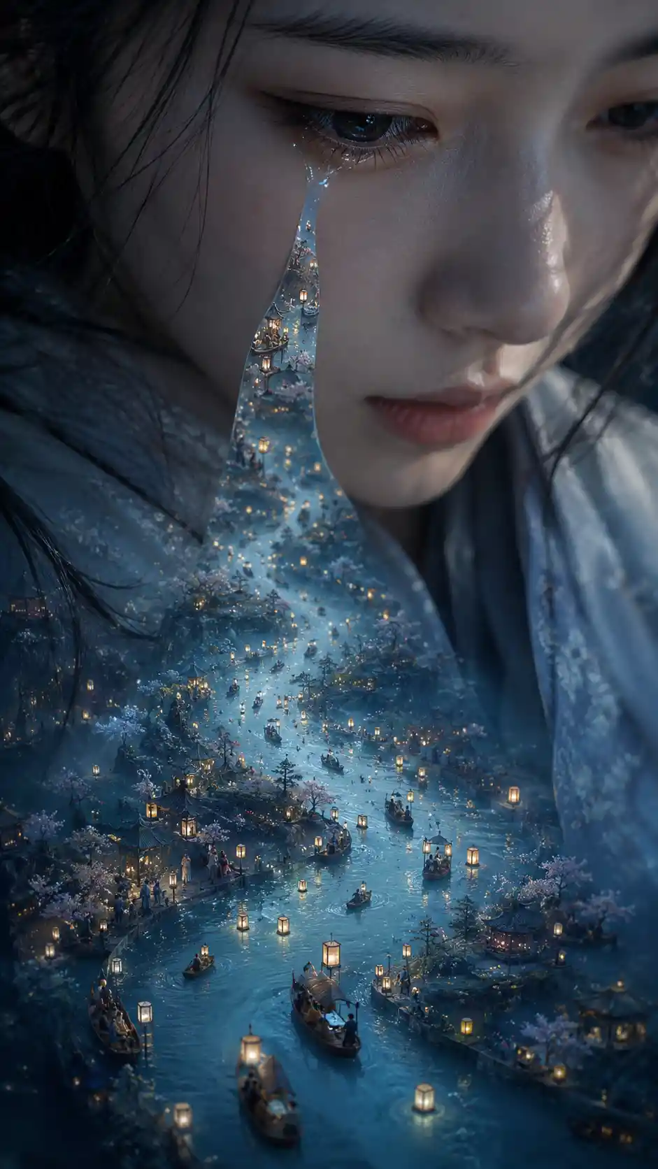 A Close Portrait Where a Tear Becomes a Winding River