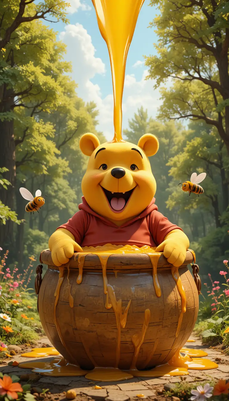 Winnie the Pooh Gets Stuck Headfirst in a Honey Pot in a Sunny Clearing