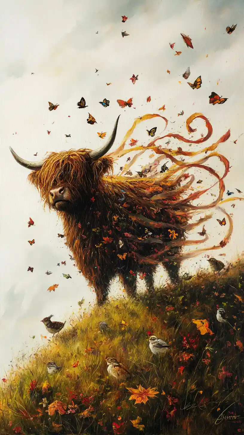 A Highland cow shelters small creatures on a windy autumn hill