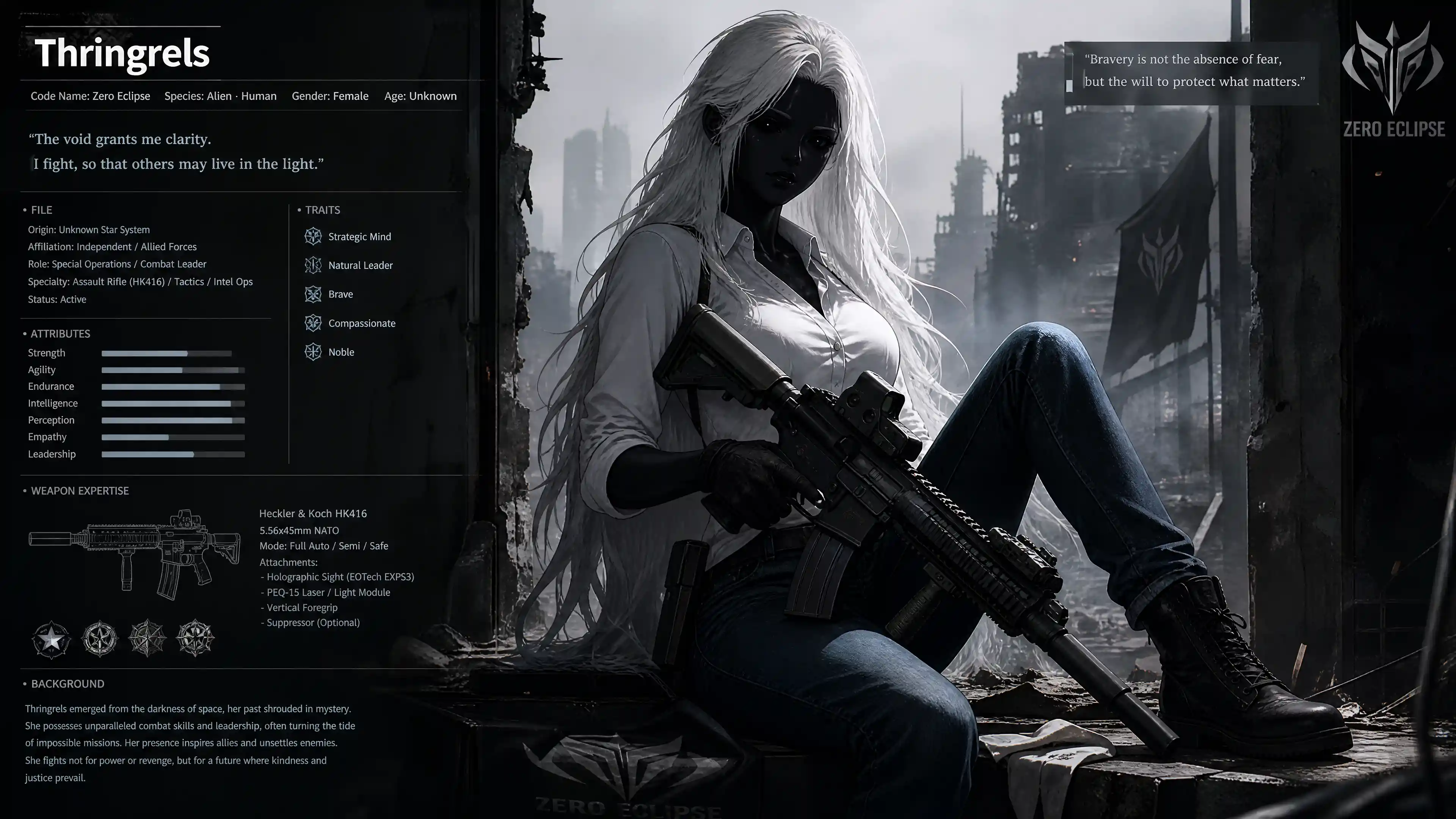 A white-haired alien woman with void eyes and obsidian-like skin