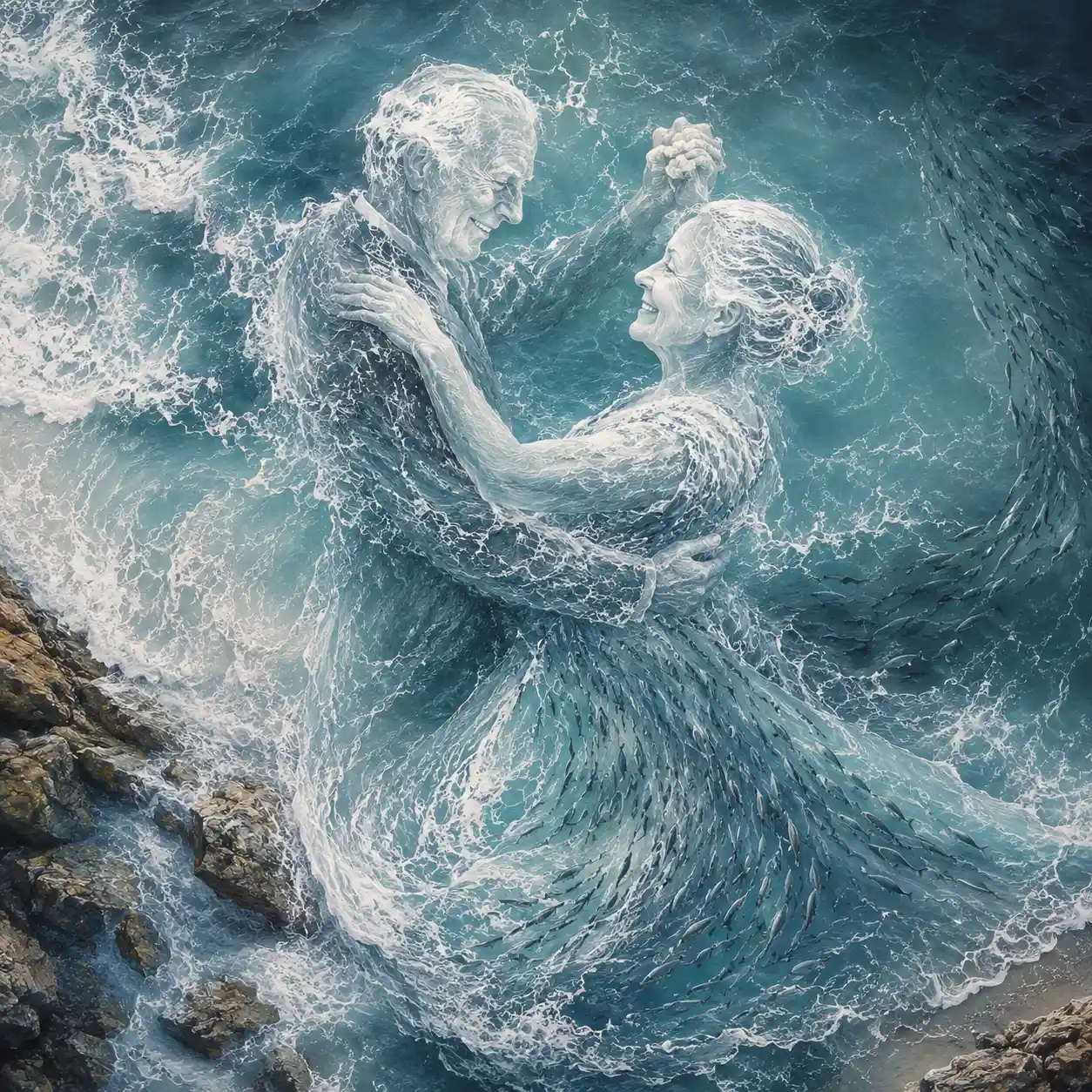 A crashing ocean wave reveals an elderly couple dancing in foam