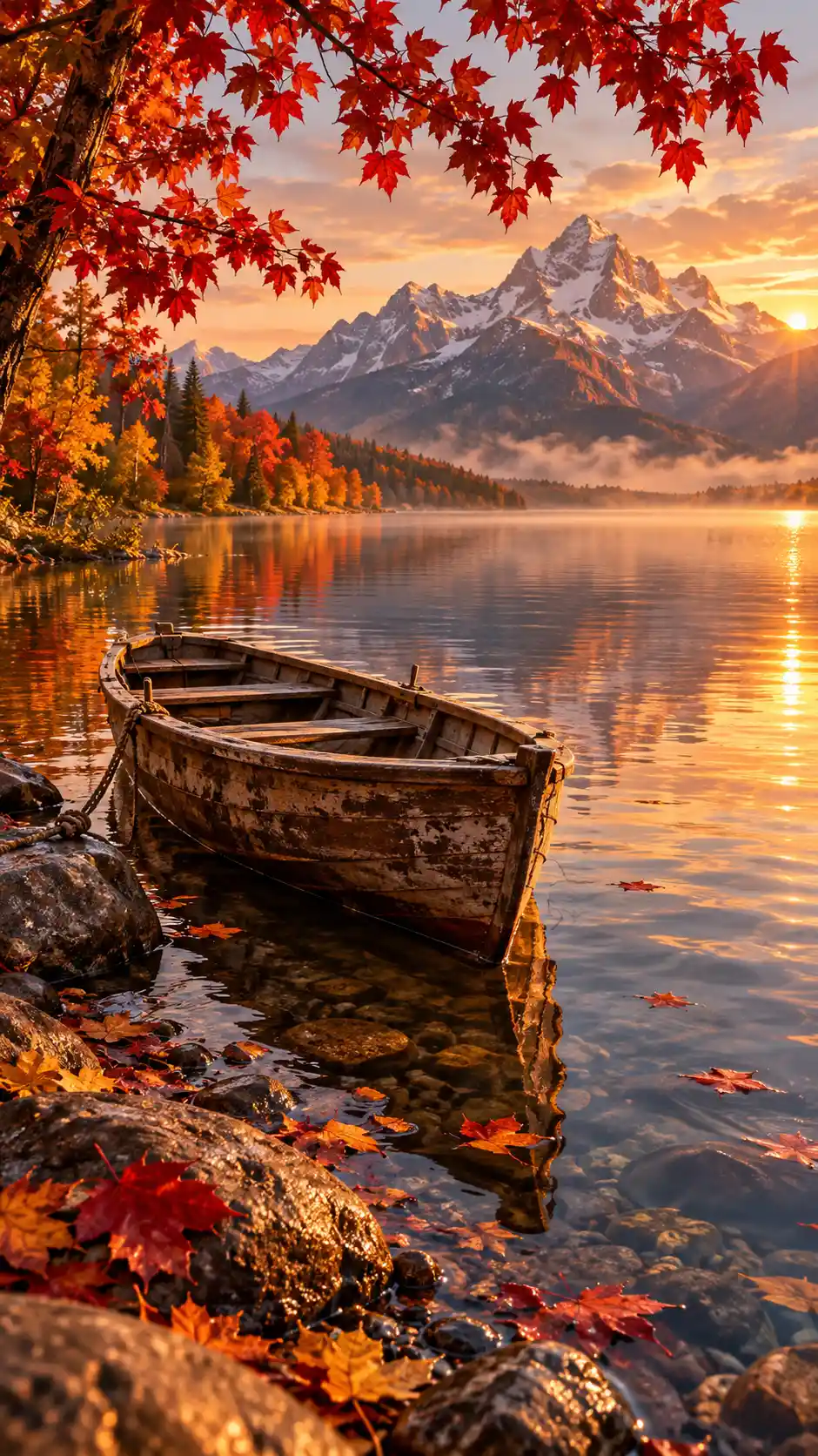 A Weathered Rowboat Rests Beside an Autumn Lake at Golden Hour