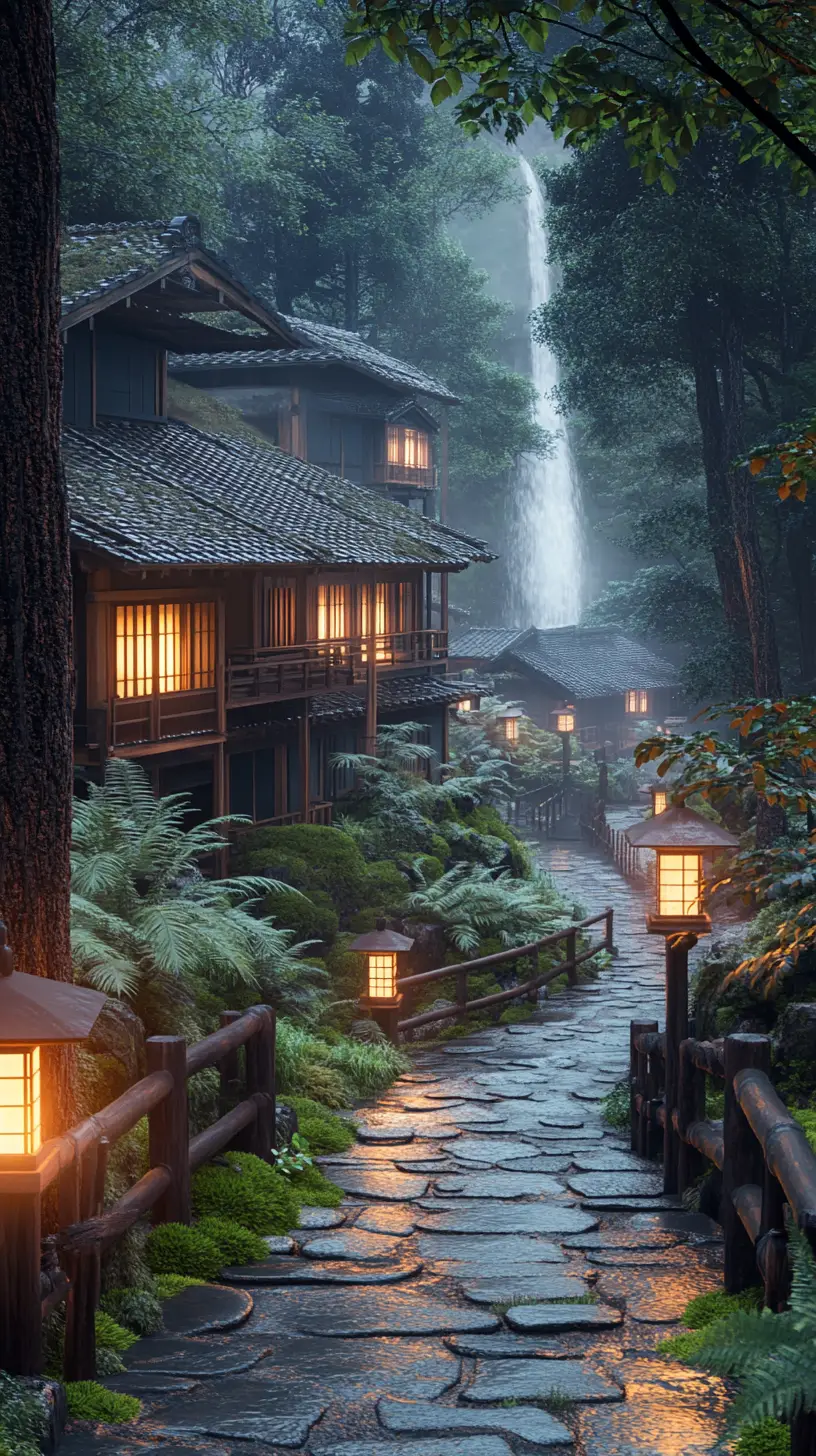 A Japanese ryokan glows along a stone path through a mossy forest