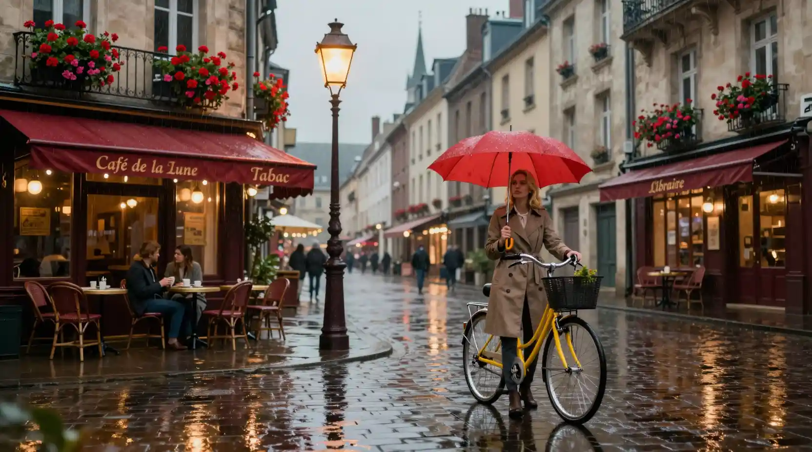 Rain-soaked French town square glows beneath twilight streetlights