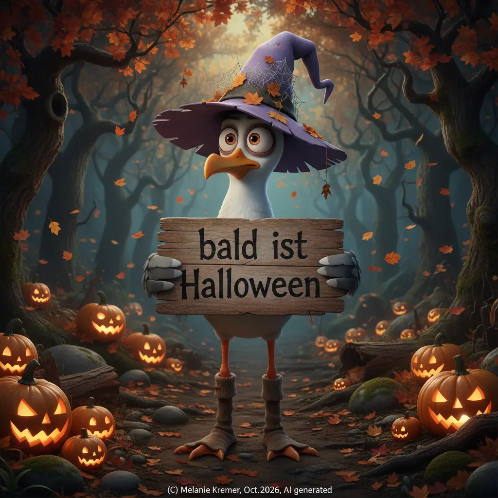 A grumpy seagull holds a Halloween sign in a dark forest
