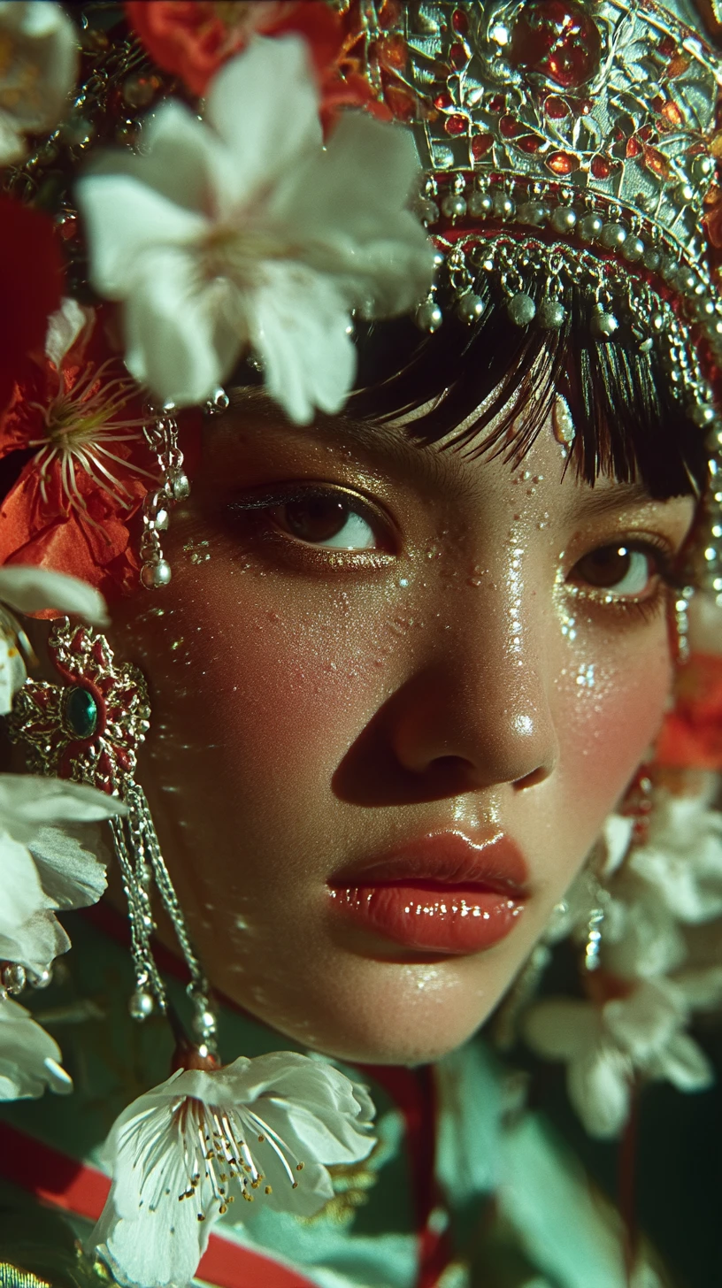 身穿櫻花和服的女子，夢幻般的特寫肖像