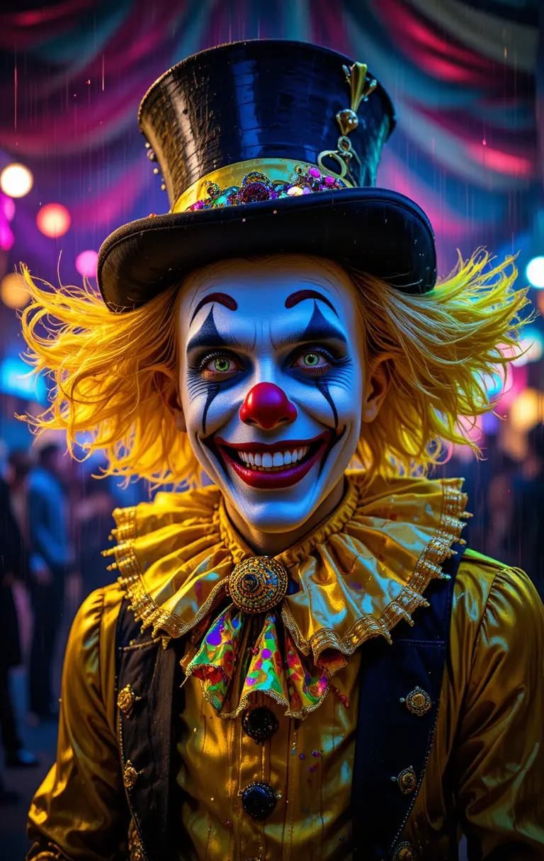 A smiling clown in a top hat at the circus