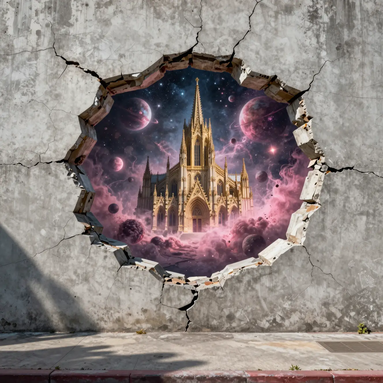 Un murale trompe-l’œil si apre attraverso il cemento crepato su un portale cosmico