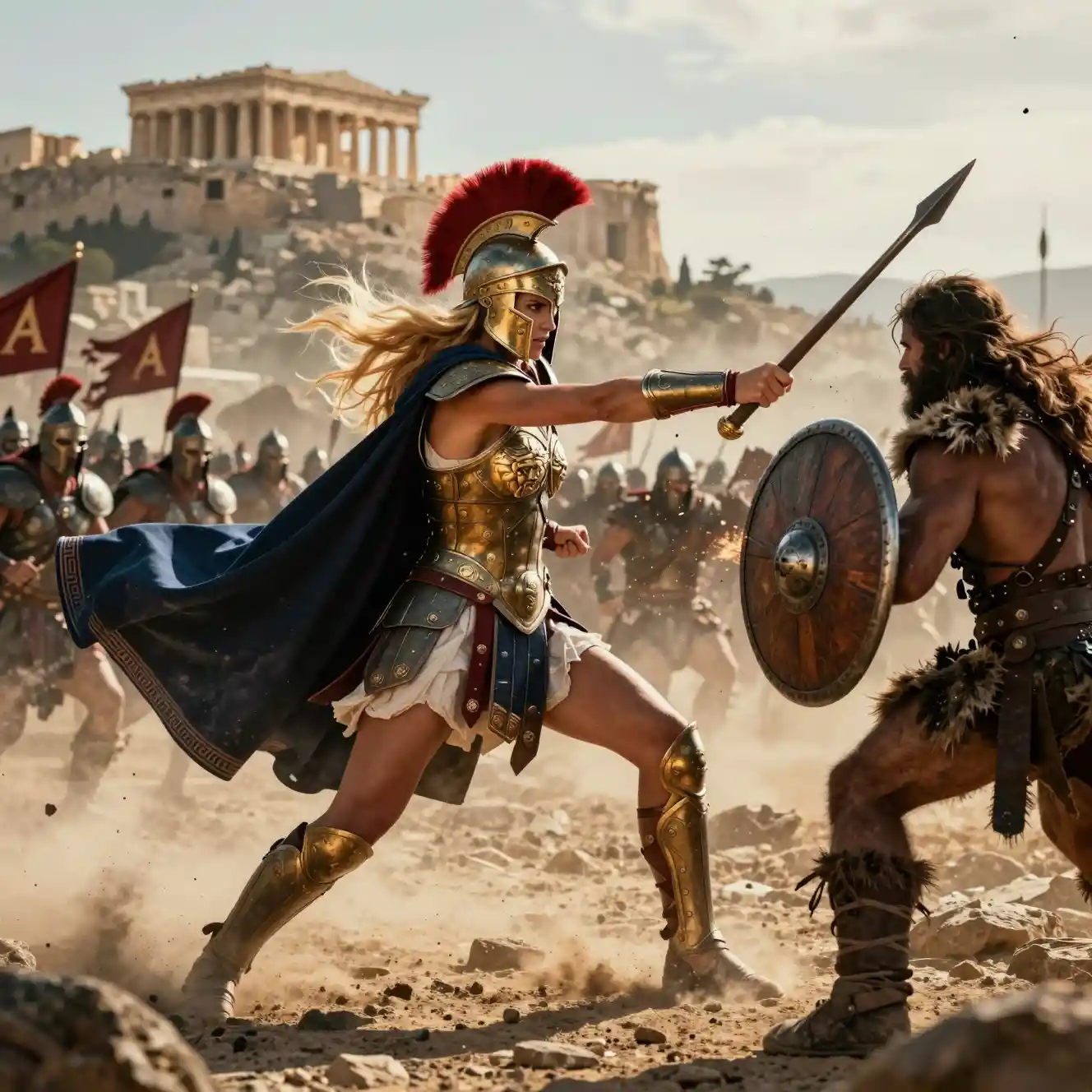 A Spartan warrior queen strikes her opponent amid ancient ruins