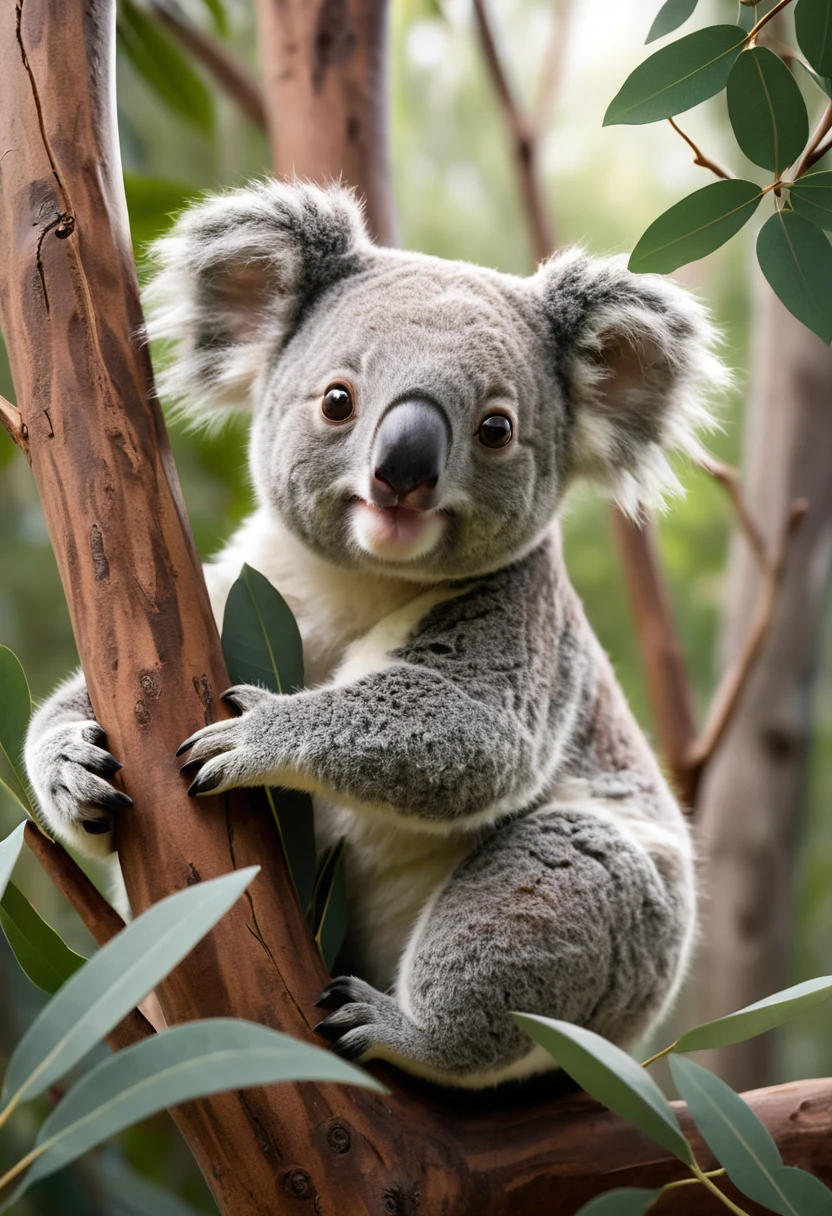 Un koala mangia foglie di eucalipto in una foresta australiana illuminata dal sole