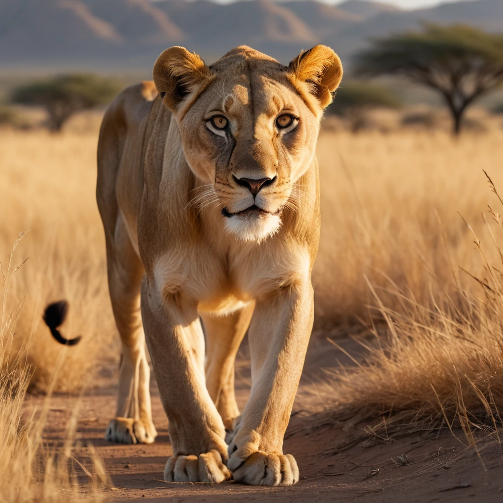 A lioness crouches before an antelope in the African savanna