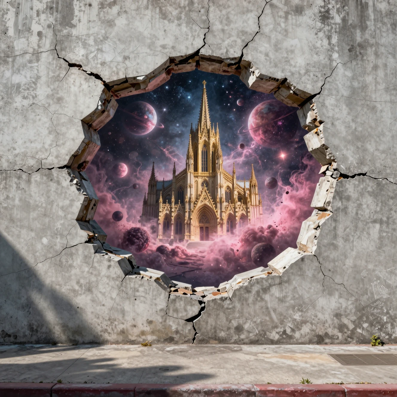 Ein Trompe-l’œil-Wandbild öffnet sich durch gebrochenen Beton zu einem kosmischen Portal