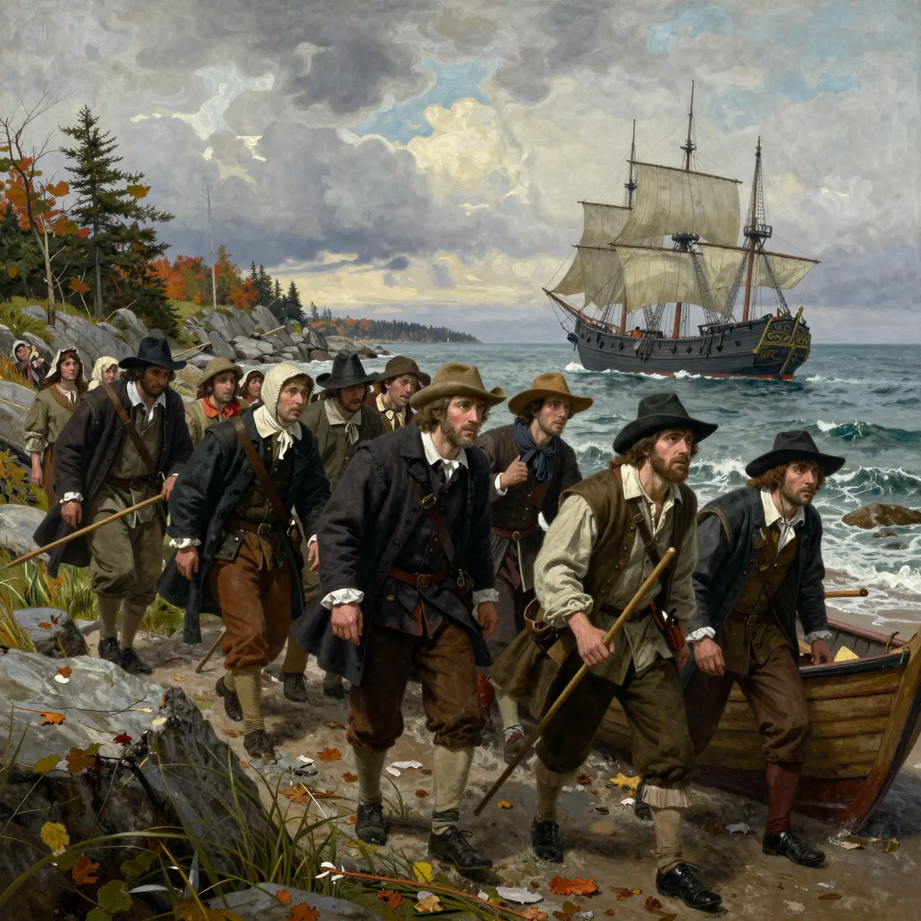 Les pèlerins débarquent à Plymouth Rock sous un ciel d’automne nuageux