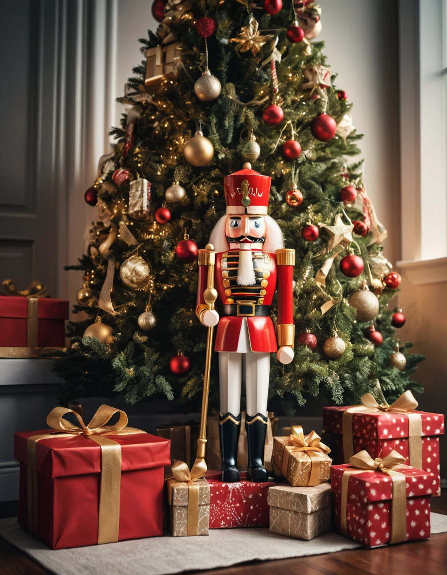飾り付けられたクリスマスツリーの下、包装されたプレゼントのそばに立つ伝統的なくるみ割り人形