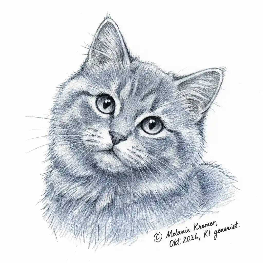 A Gray Cat Rendered in Textured Colored Pencil and Crosshatching