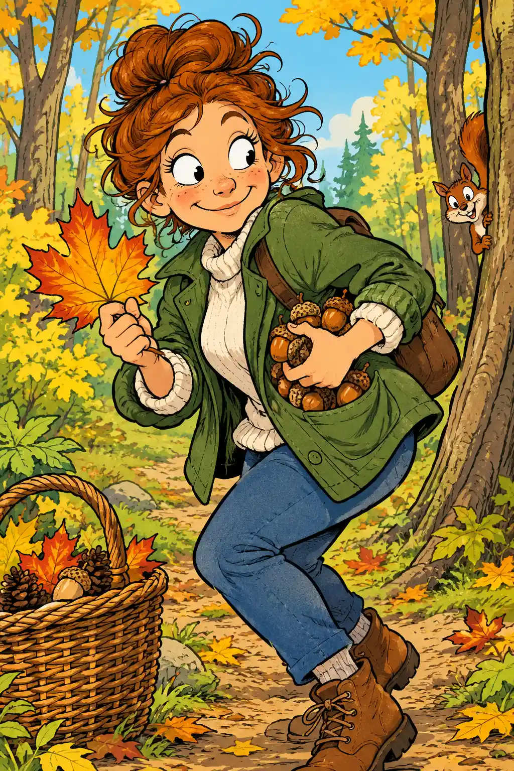 A Comic Figure Carries a Maple Leaf and Acorns from the Forest