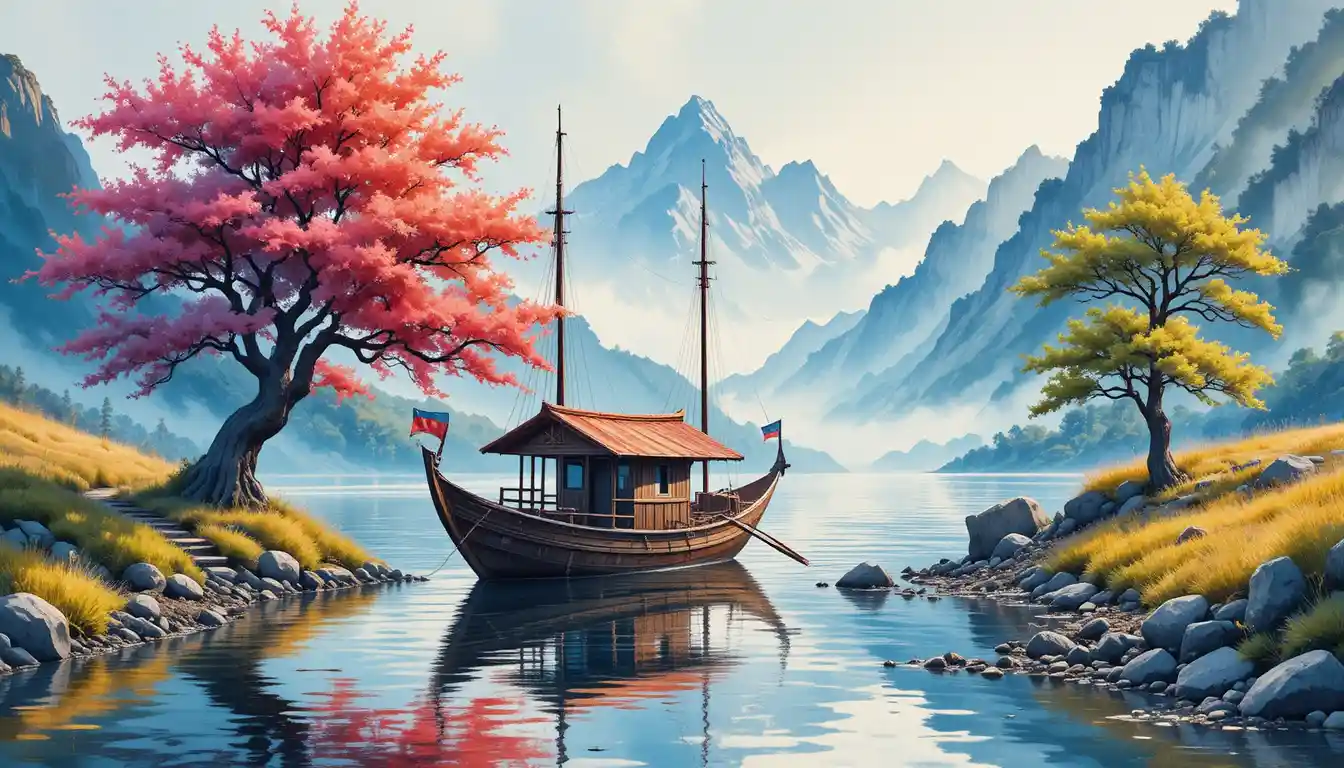 A wooden boat drifts through a serene mountain river landscape