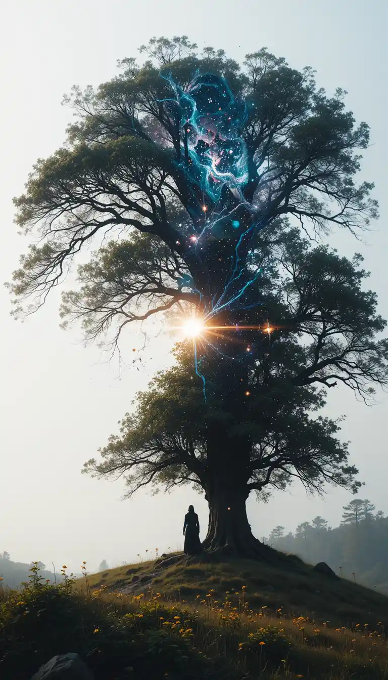 A godlike silhouette surrounded by stars and distant nebulae