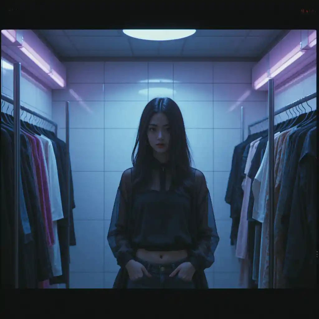 A Retro Anime Woman in a Clothing Store Fitting Room