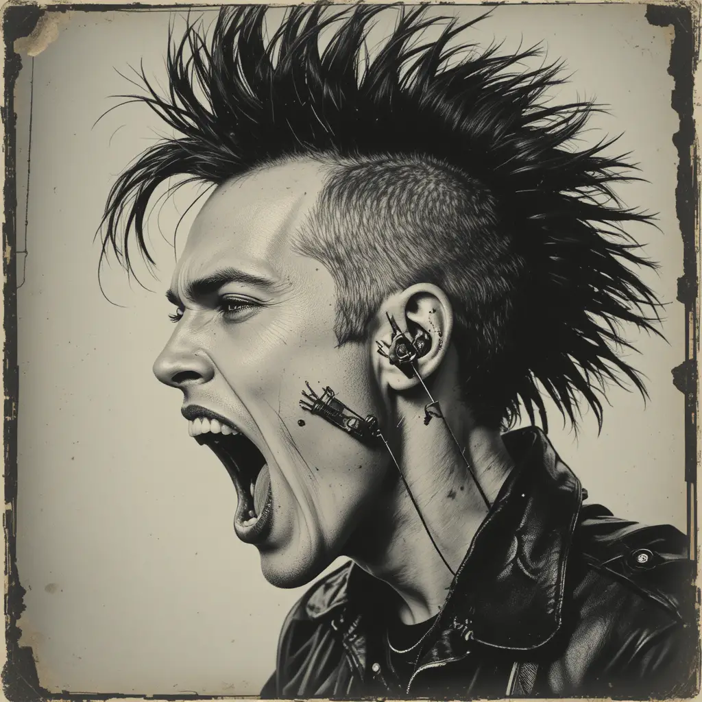 Punk rocker screaming with a long spiky mohawk and a safety pin through an ear