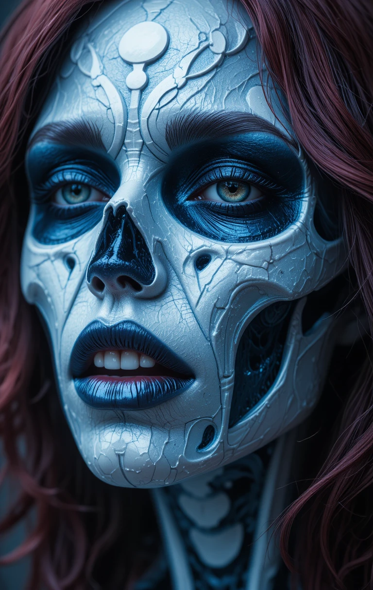 A frightening skull-faced woman with metallic tones and wavy burgundy hair