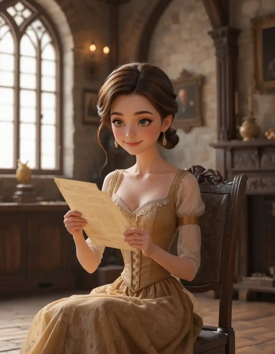A woman in an old-fashioned gown smiles while reading a letter in a medieval room