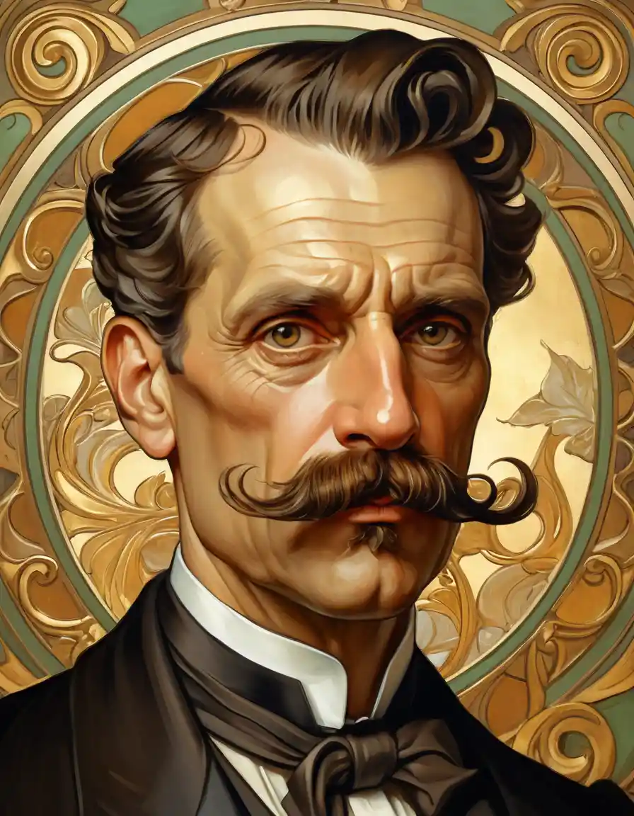 A stern mustached man in an Art Nouveau oil painting