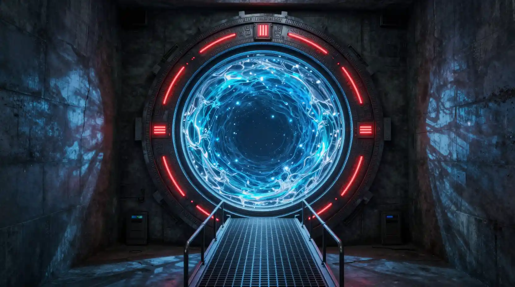 A Glowing Circular Portal Set Into a Dark Concrete Bunker Wall