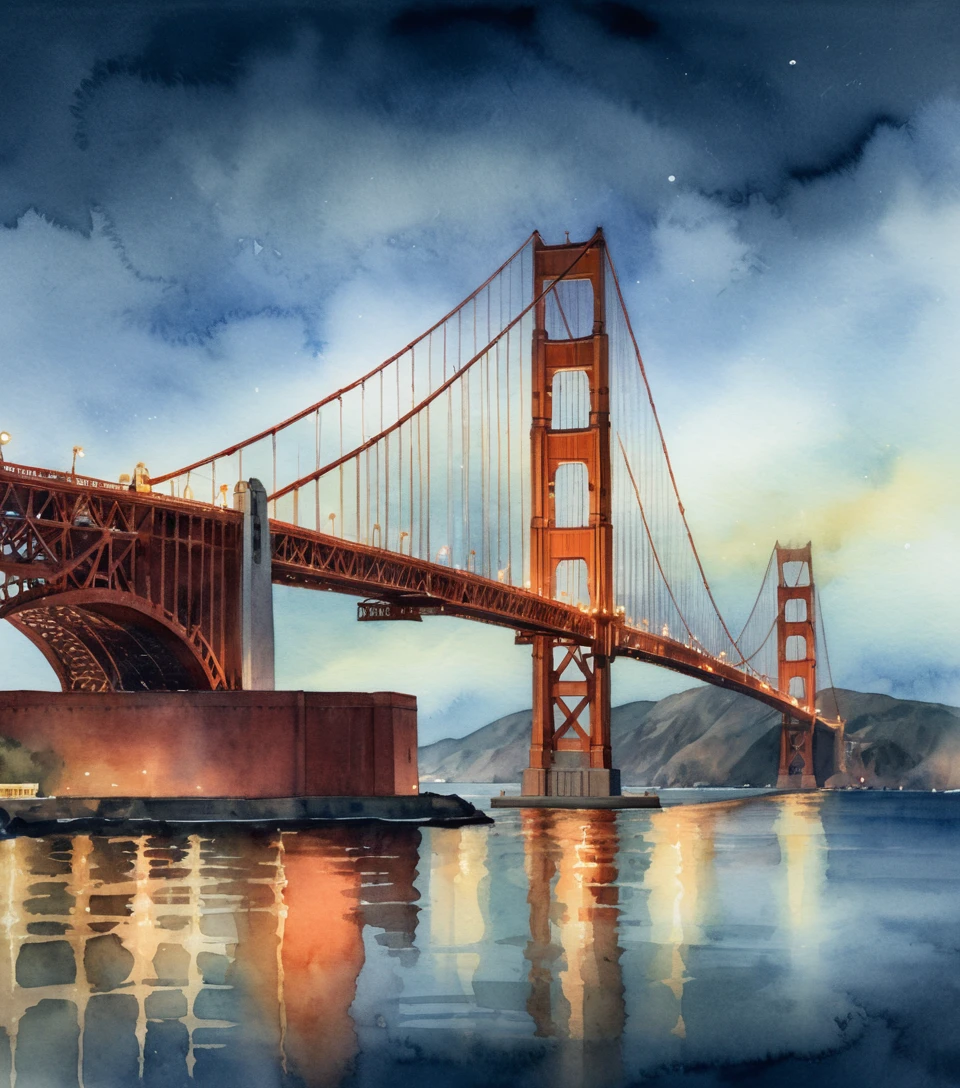 Watercolor view of the Golden Gate Bridge from a ship at night