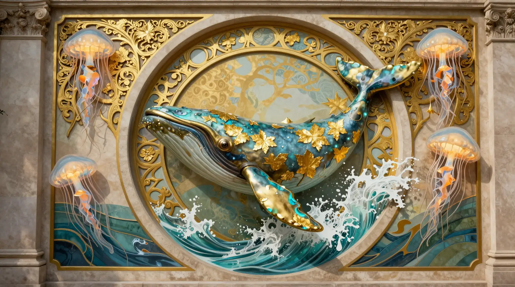 A Mechanical Whale Breaches Through an Ornate Stone Wall Portal