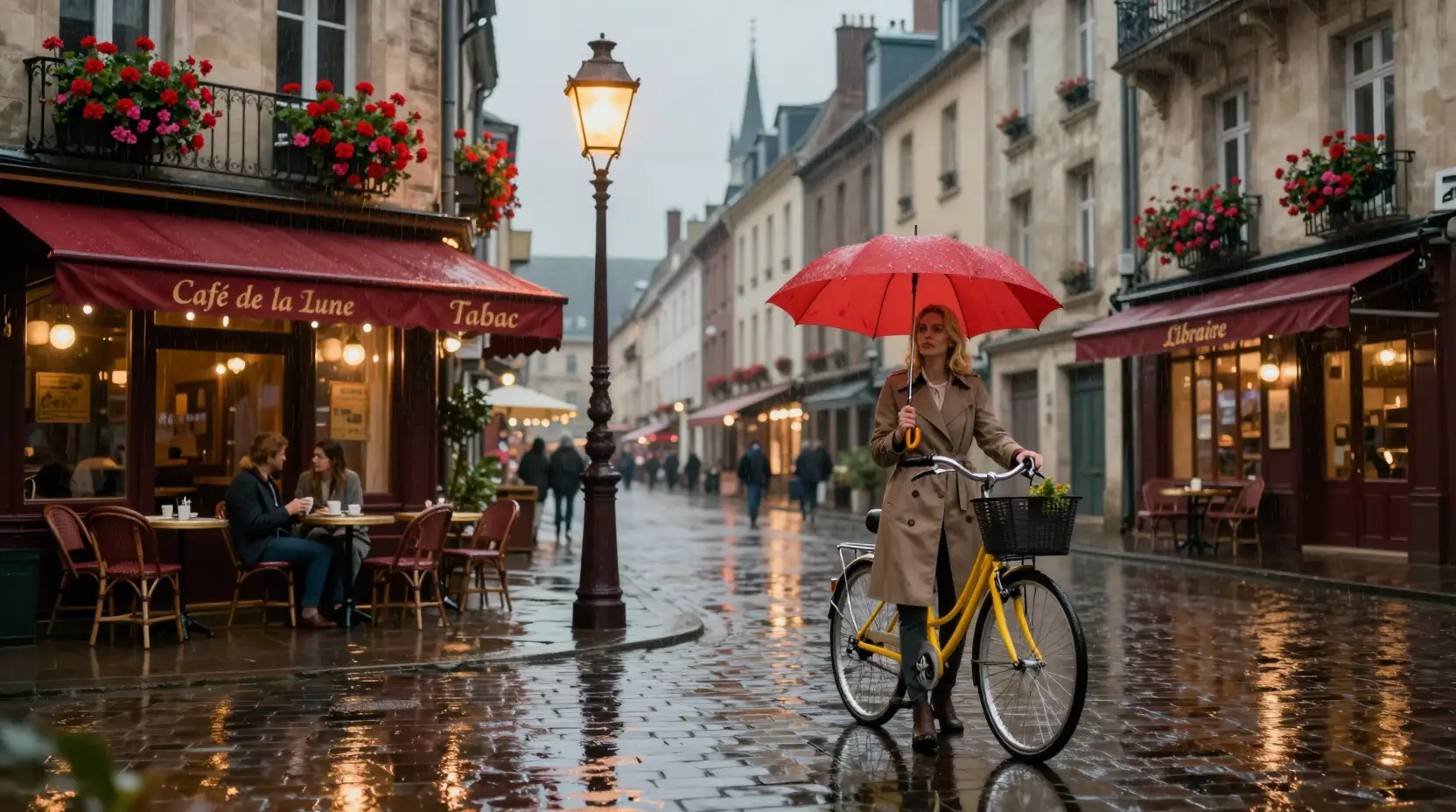 Praça de uma cidade francesa, molhada pela chuva, brilha sob as luzes da rua ao anoitecer