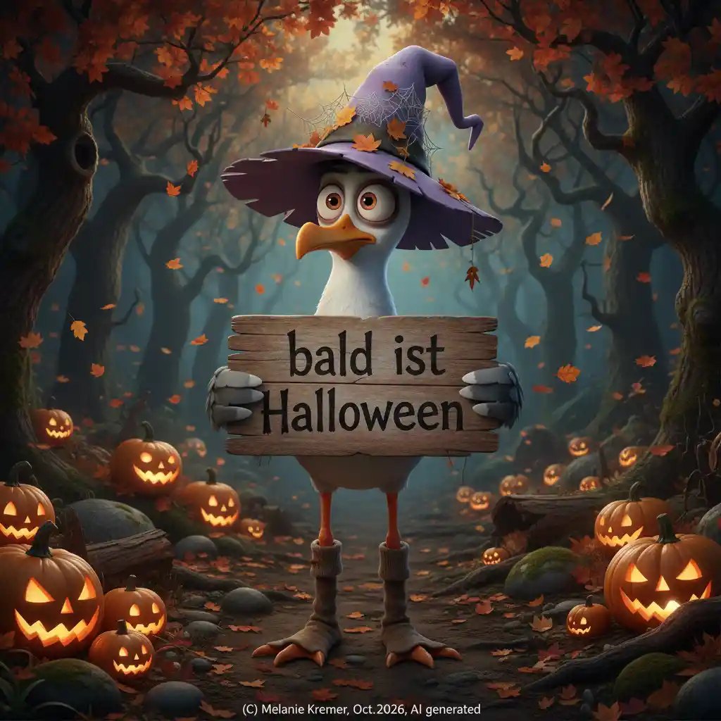 A grumpy seagull holds a Halloween sign in a dark forest