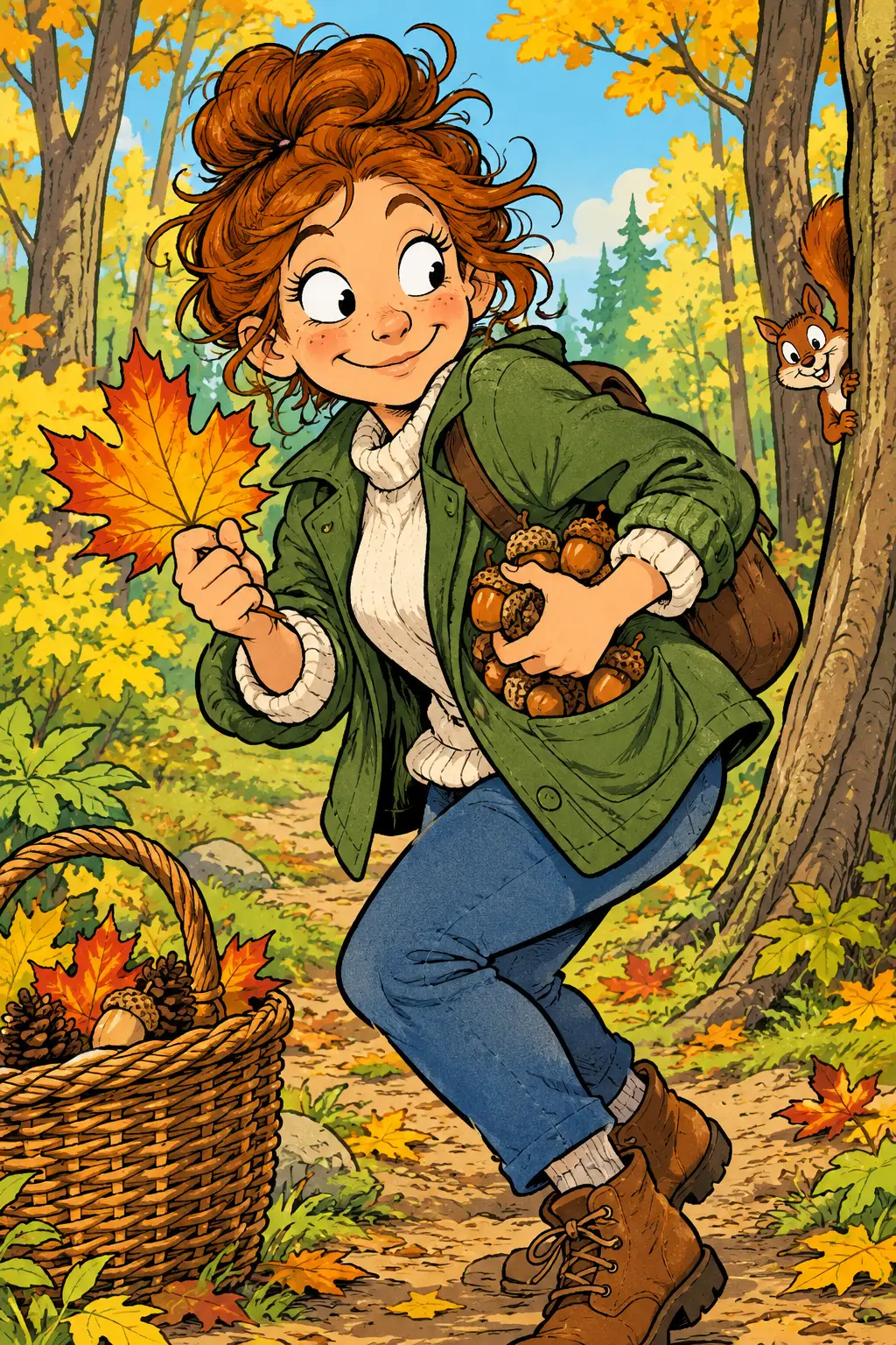 A Comic Figure Carries a Maple Leaf and Acorns from the Forest