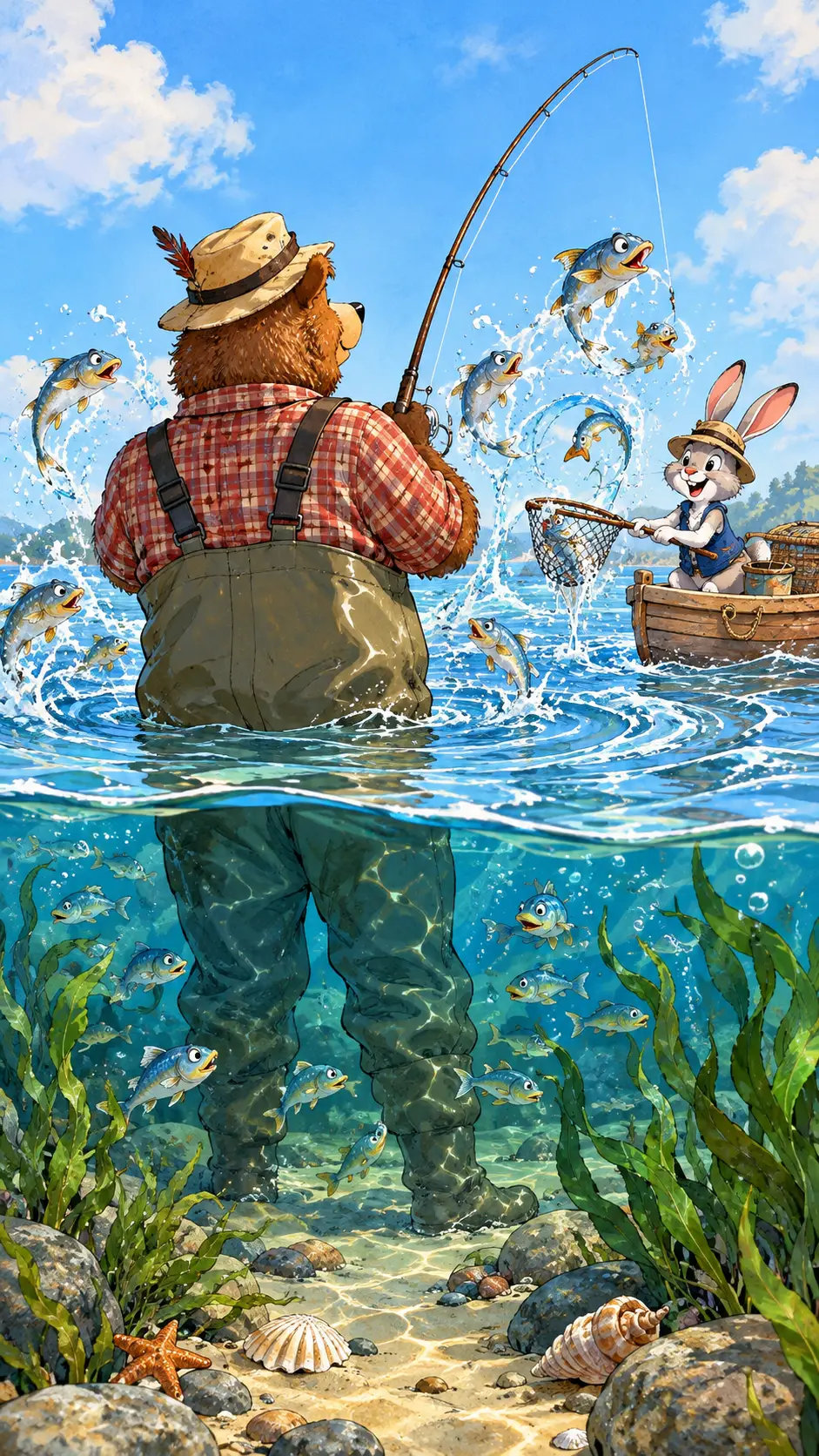A Bear Fisherman Stands in Shallow Water as Fish Leap Nearby