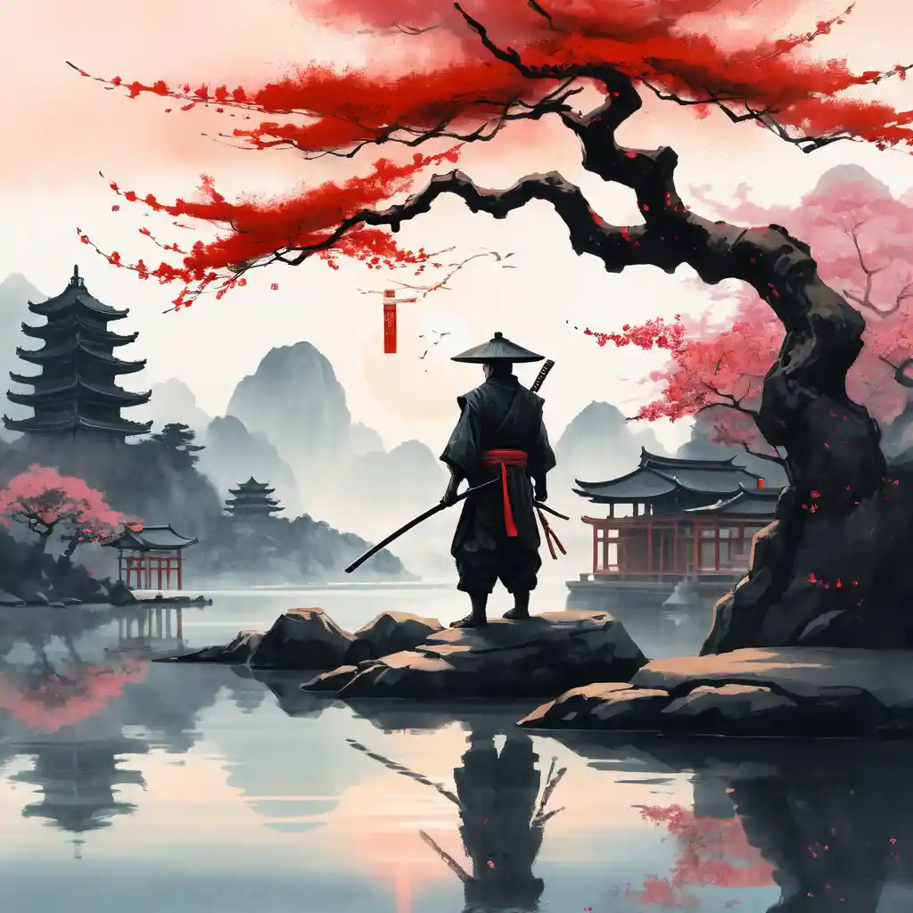 A lone ninja stands at a tranquil harbor beneath blossoms and a crimson sun