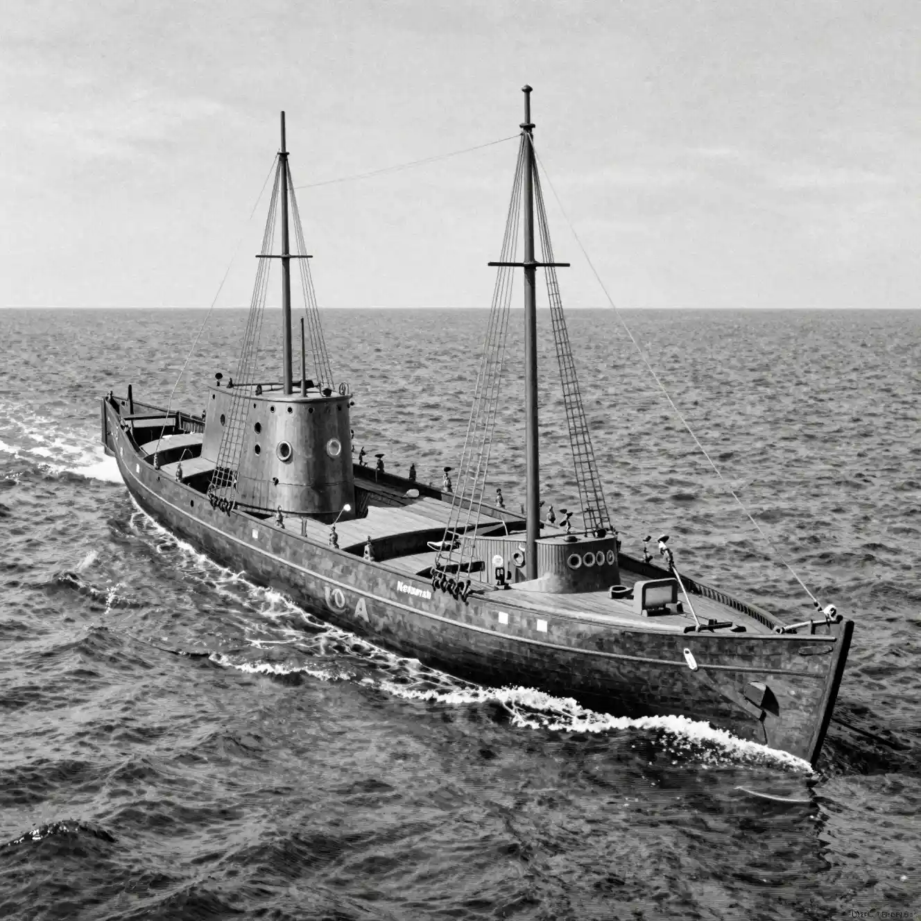A cigar-shaped submarine emerges with overlapping plates and raised glass enclosures