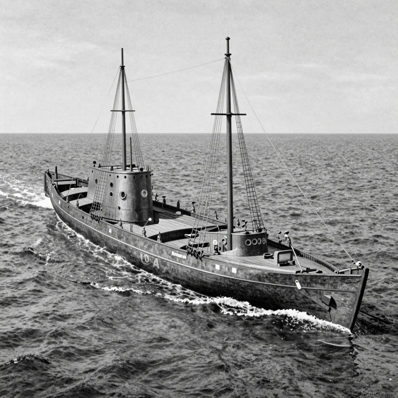 重なり合う装甲板と高く突き出たガラスの構造物を備えた葉巻型潜水艦が姿を現す