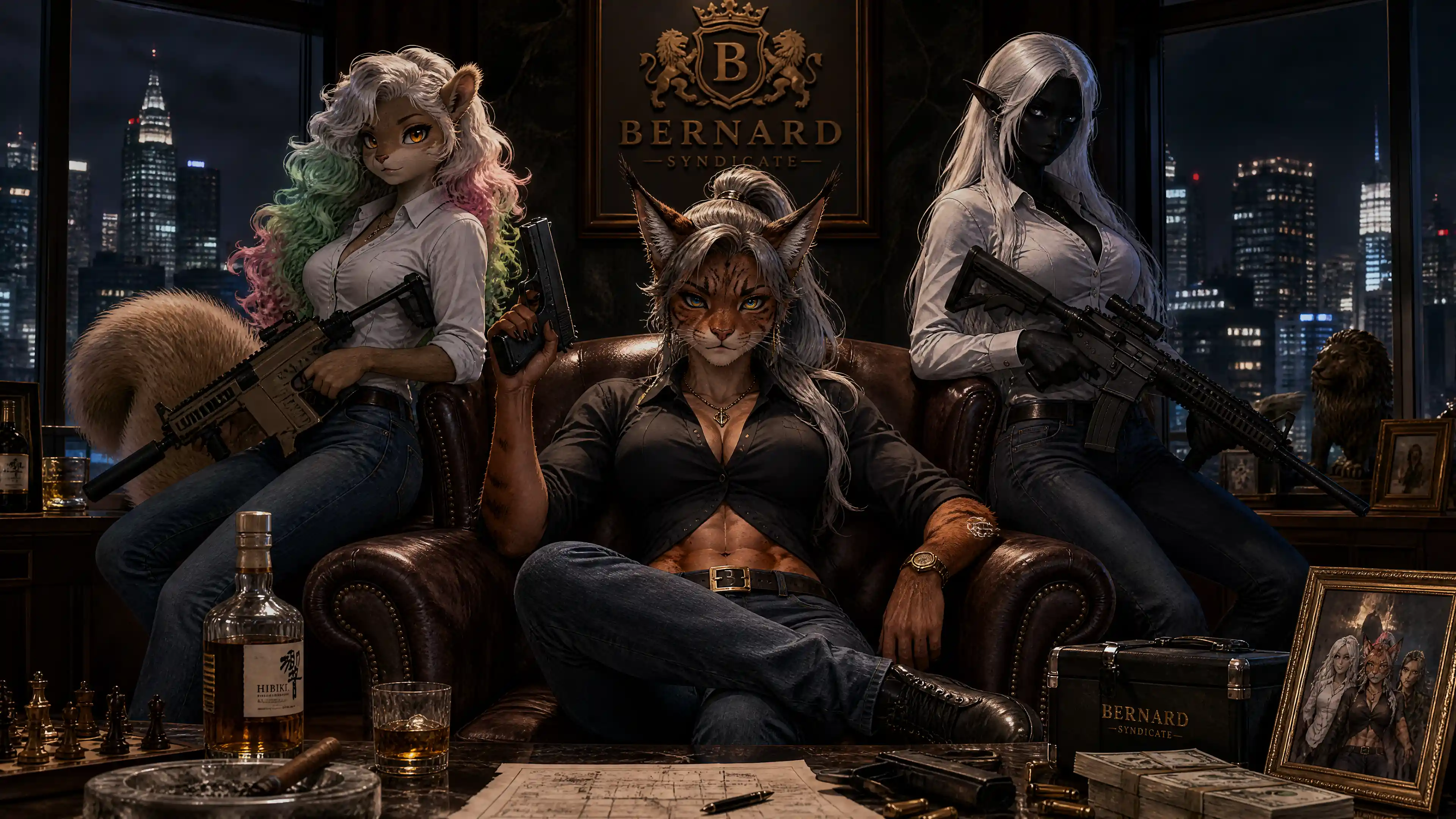 A red-furred anthropomorphic lynx mobster leader with a silver ponytail